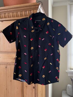 Black Short-Sleeve Button-Down with Burger & Fries Print